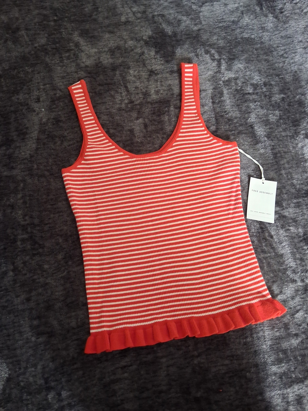 NWT Free Assembly Red/Orange & White Striped Knit Ruffle Hem Tank Top Women S